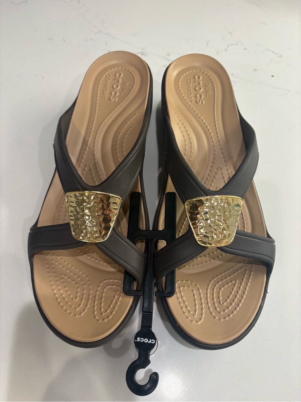 CROCS Sanrah Embellished Wedge Women’s Espresso Sandal with Gold Accent